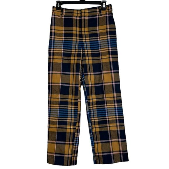 NWT Urban Outfitters Check Plaid Trousers High Waist Pants Golden Yellow Blue 2 - Picture 1 of 9